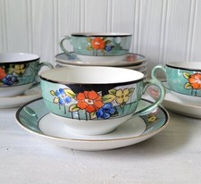 Vintage Aqua Blue Floral Japanese Tea Coffee Cup  Saucer Set Lot Japan
