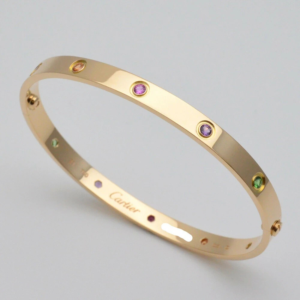 Cartier Love Bracelet 18K Gold with Garnet Sapphire Amethyst Gemstones Includes Box Authentic