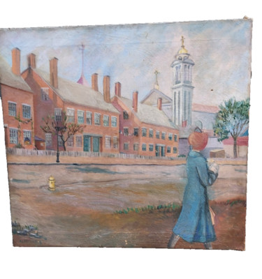 oil painting  19th Century Student Walking Across Campus R. Mentzer