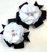 Beautiful Chiffon Flower bows with Faux Pearls Inspired Set of Pigtail hair bows