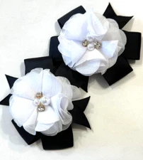 Beautiful Chiffon Flower bows with Faux Pearls Inspired Set of Pigtail hair bows