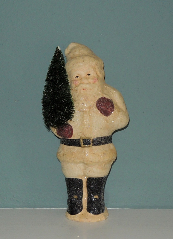 Teena Flanner Belsnickle Santa Claus Figurine with Bottle Brush Tree
