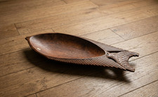 Vintage Trobriand Islands Carved Wood Fish Bowl Shell Inlay Papua New Guinea 17”