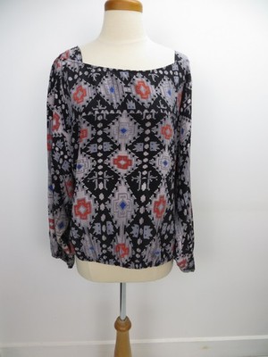 Ella Moss Silk Blouse  Size L Multi Color Scoop Neck Long Sleeve Elastic Bottom