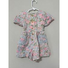 Vintage Floral Plaid Toddler Girl Romper Heart Patch Pockets 3T Preppy 90s