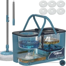 Spin Mop and Bucket,Mop Bucket with Separates Dirty and Clean Water,4-Chamber...