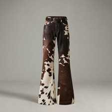 Women's Genuine Hair-On Cowhide Leather Pants Western Cowgirl Flared Trousers