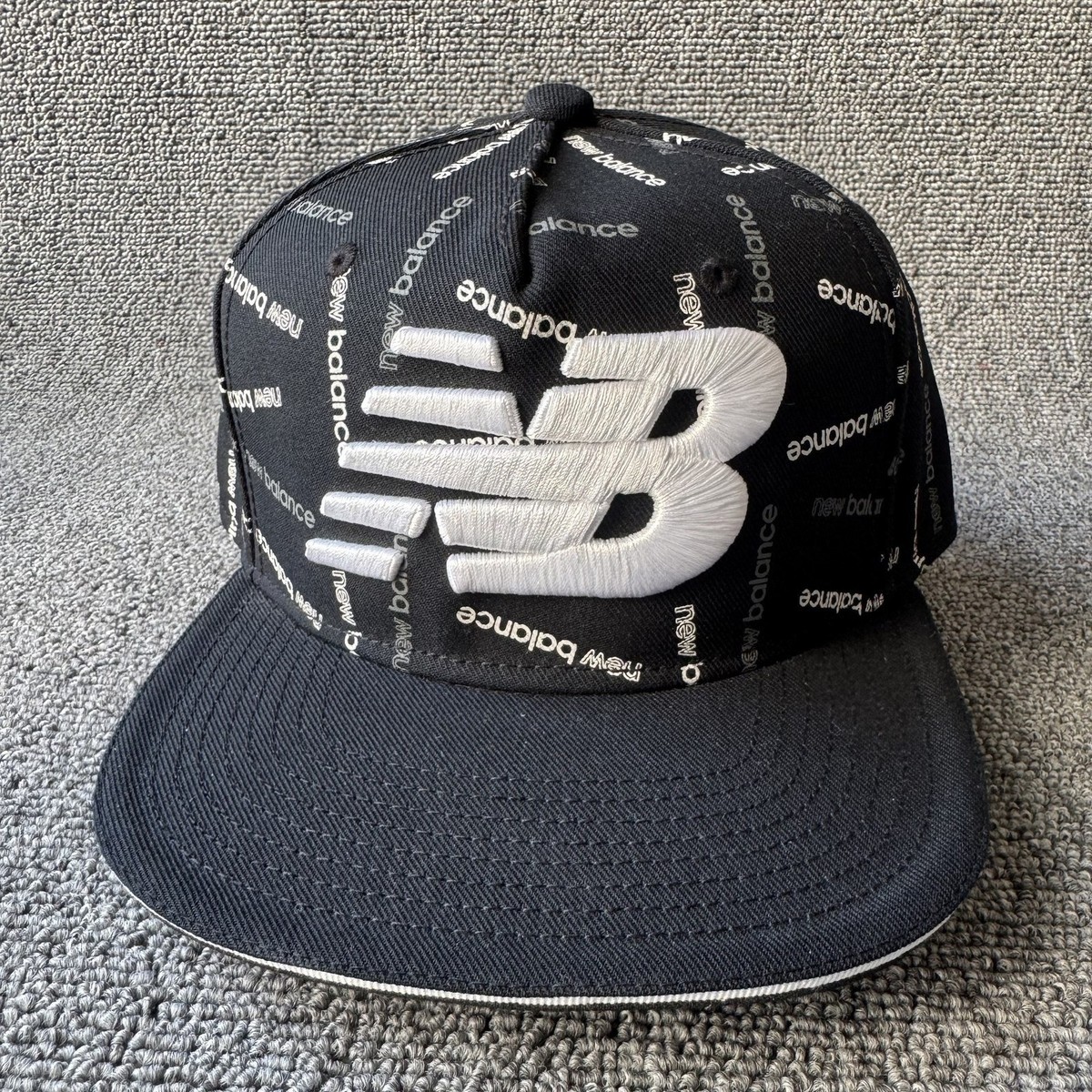 New Balance Snapback Hat Black White Logo Print Flat Brim Adjustable