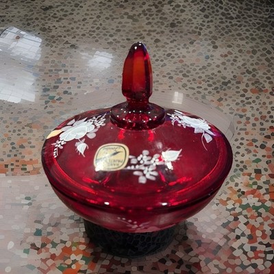 Vintage Fenton Red Hand Painted Covered Candy Dish Hand Signed Orig Sticker Rose