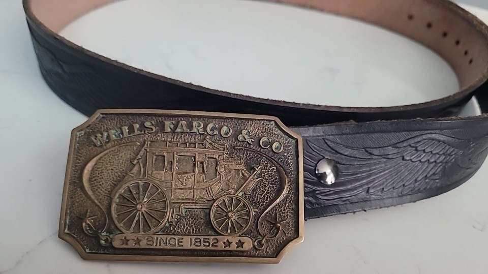 Vintage 1973 Wells Fargo & Co Since 1852 Solid Brass Belt Buckle w Eagle Belt image 2