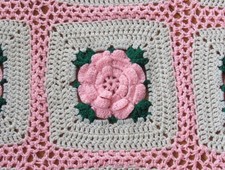 Vintage Handmade Crocheted Afghan Blanket 3D Pink Roses Green  White A Stunner 