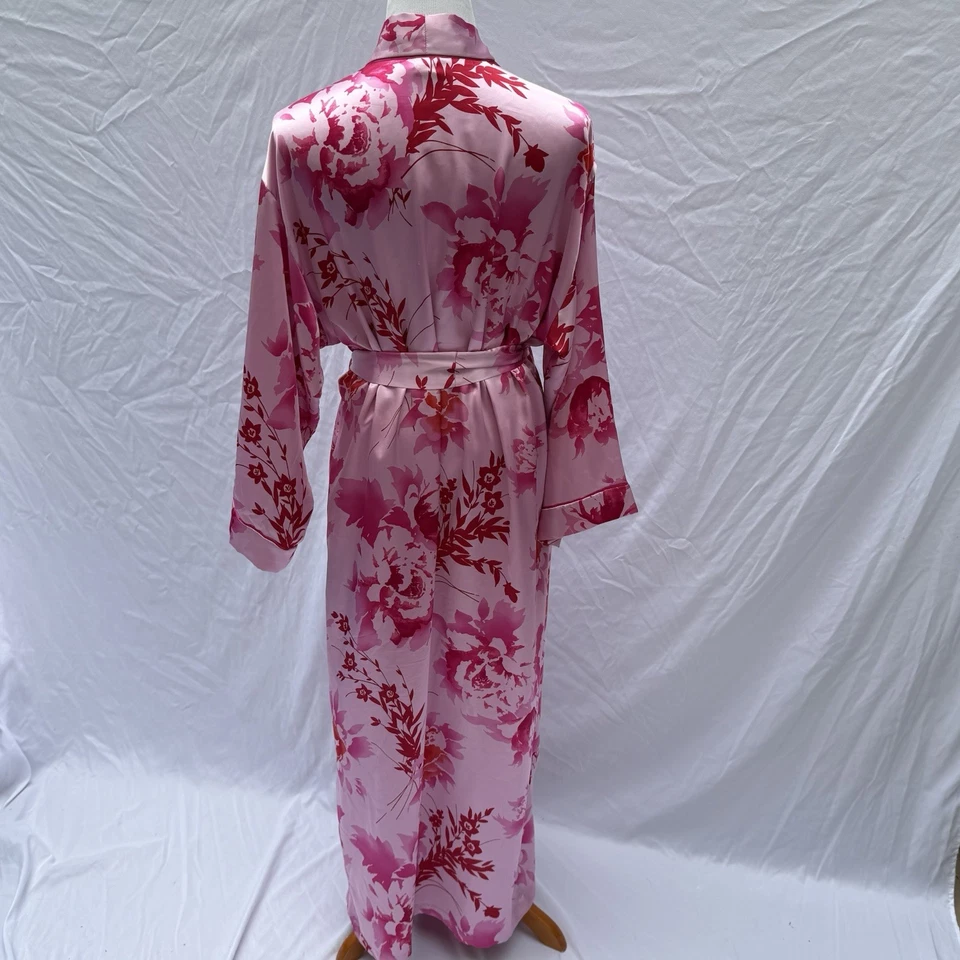 Bata larga Natori L satinada ropa de salón rosa rojo floral bolsillos con cinturón de colección Foto 3 de 4