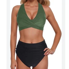 Blooming Jelly Green Halter Bikini Set High Waisted Black Swimsuit M