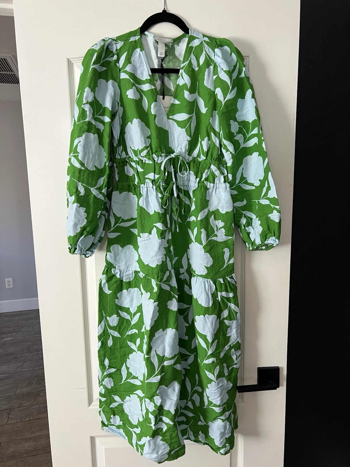 Maxi abito nuovo con etichette Kate Spade Target lino manica lunga verde blu taglia XXS