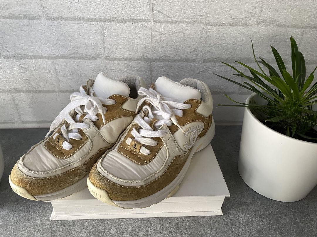 White Chanel Tan Sneakers Chanel Beige High-Top CC Sneakers