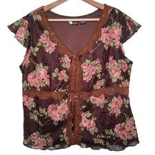 Vintage Y2K First Option Babydoll Top 14/16 Brown Pink Roses Fairy Whimsical