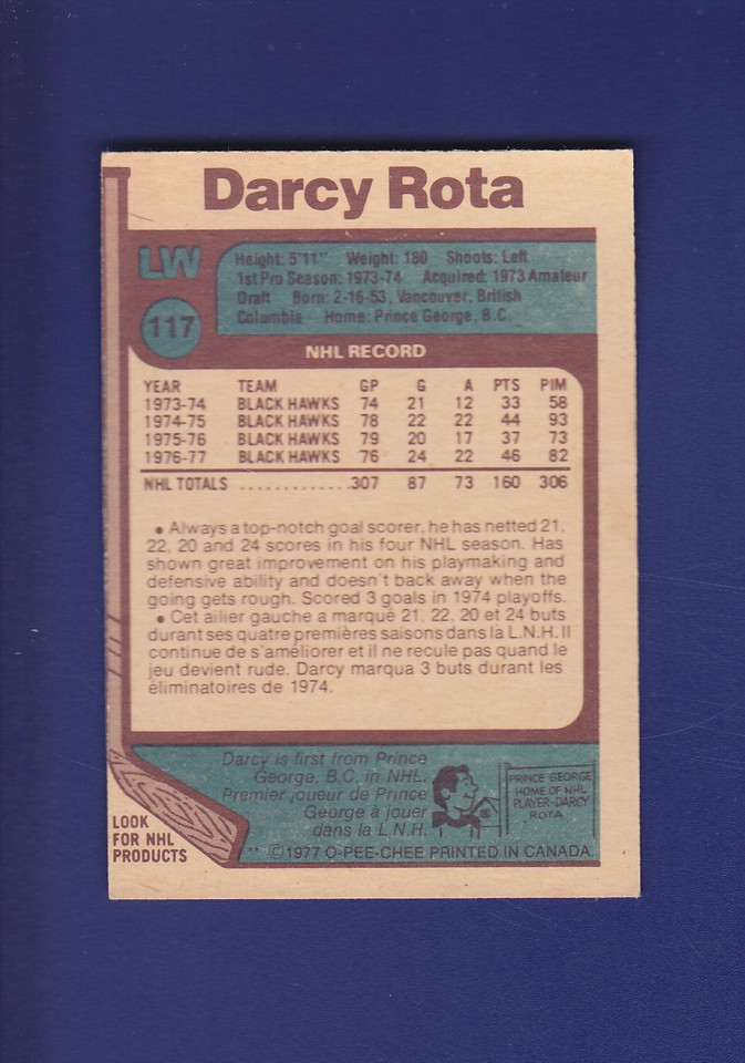 Darcy Rota 1977-78 O-PEE-CHEE OPC Hockey #117 (VGEX) Chicago Blackhawks ...