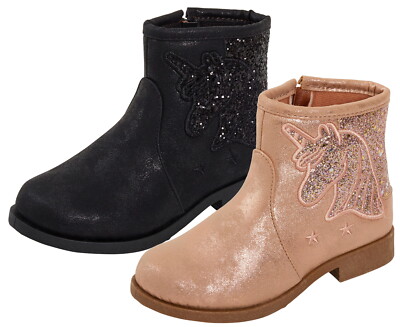 Girls Glitter Unicorn Low Block Heel Ankle Boots Kids Sparkle Party Shoes  Size UK