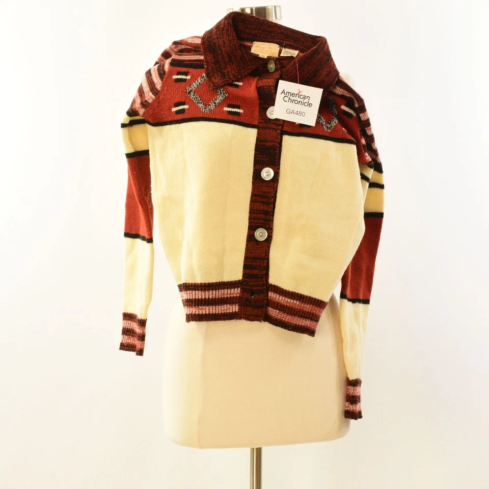 Cárdigan recortado tejido geométrico años 70 naranja quemado negro y marfil para mujer S Foto 4 de 4