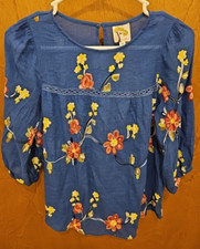 Fig  Flower Peasant Top Blue Multicolor Yarn Embrodery Poof Sleeves Boho Sz M