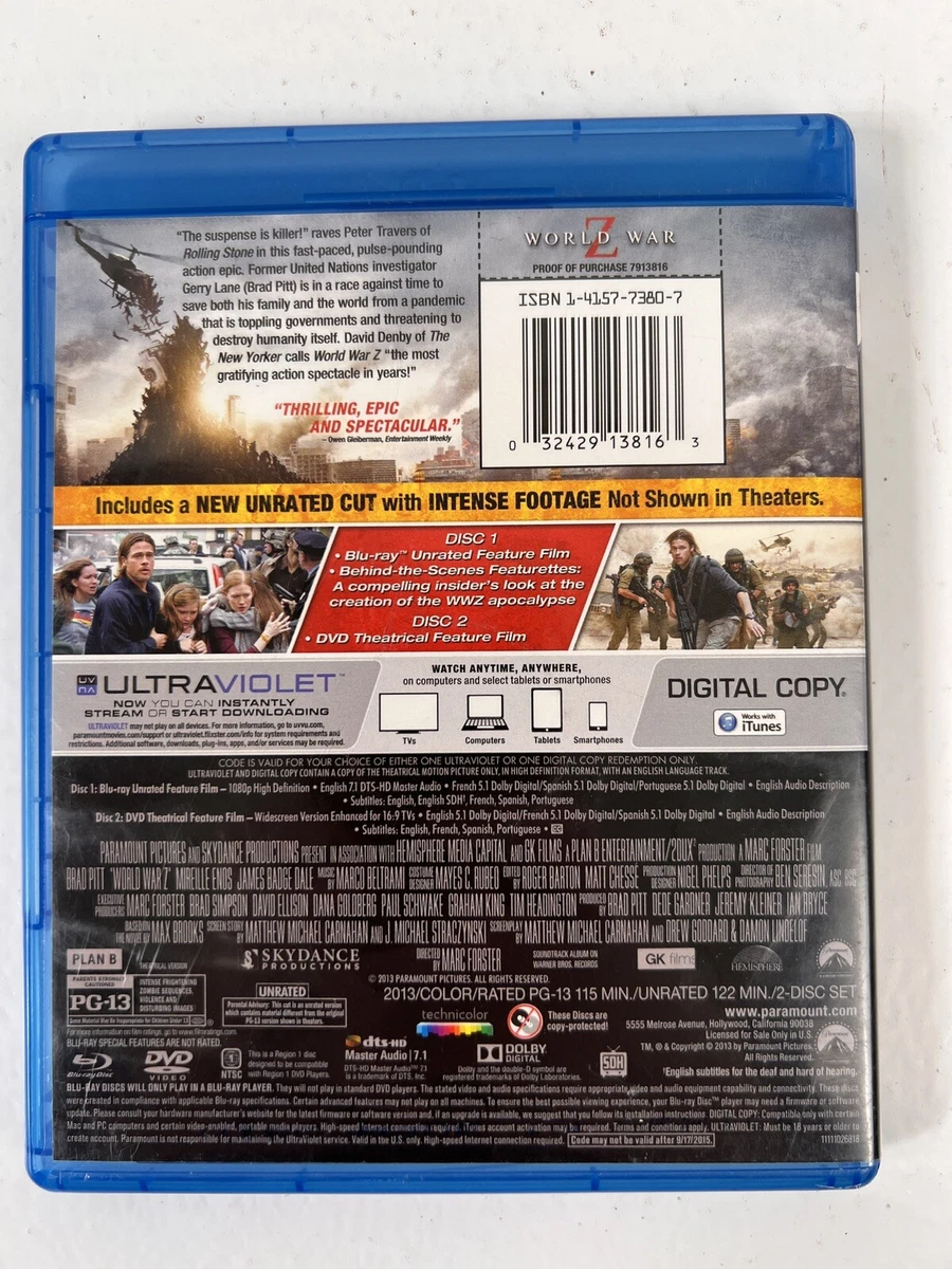 World War Z Blu Ray Based on the Book No Digital Code
