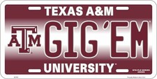 Texas A M Aggies Gig'em Embossed Metal License Plate