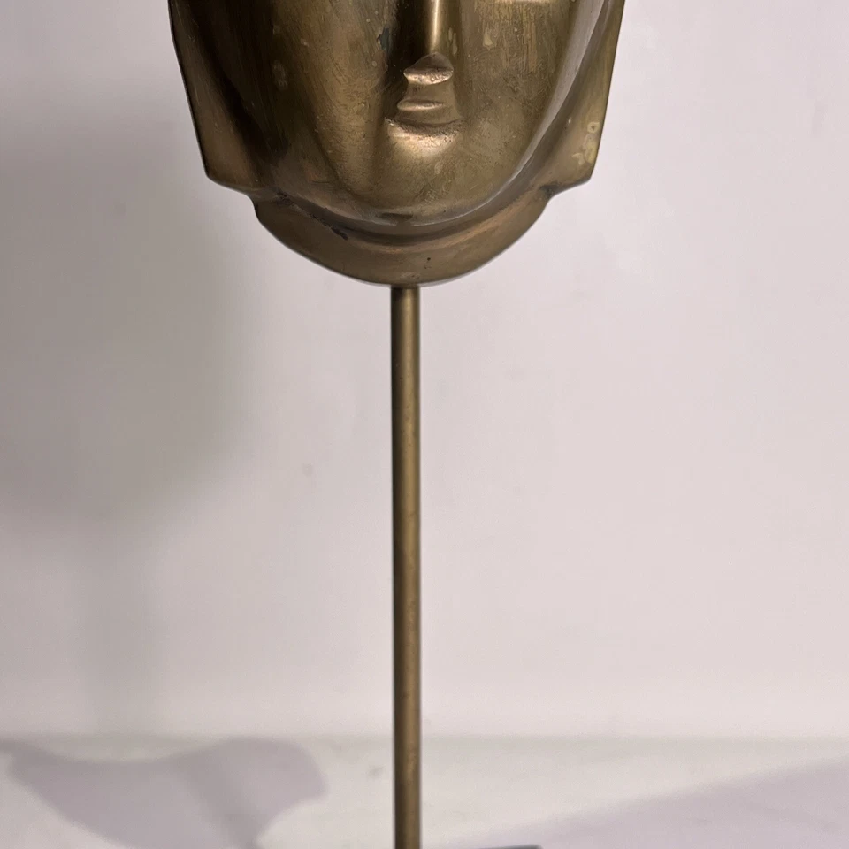 Máscara facial vintage asiática masculina cabeça de bronze com base de mármore 12” de altura - Imagem 3 de 4
