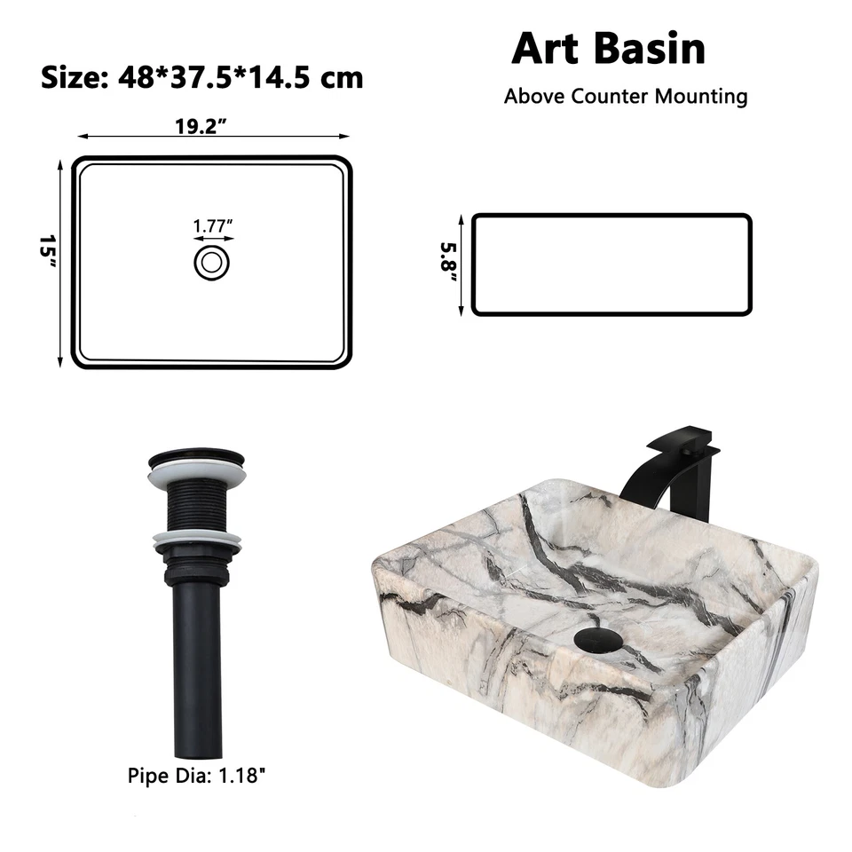 Rectangular Bathroom Vessel Sink White With Black Marble Basin Combo Faucet Set - Image 3 of 4