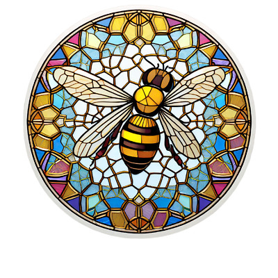 Bee Round Sticker 4'' Colorful Mosaic Rainbow Vivid Honey Queen Flowers Buzz