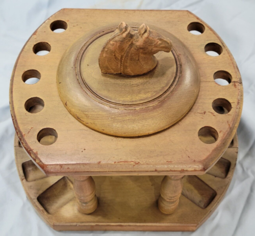 Vintage Dun-Rite Rubinrot Glas Humidor & Holz 10 Pfeifen Ständer Halter Pferdekopf Deckel - Bild 3 von 12