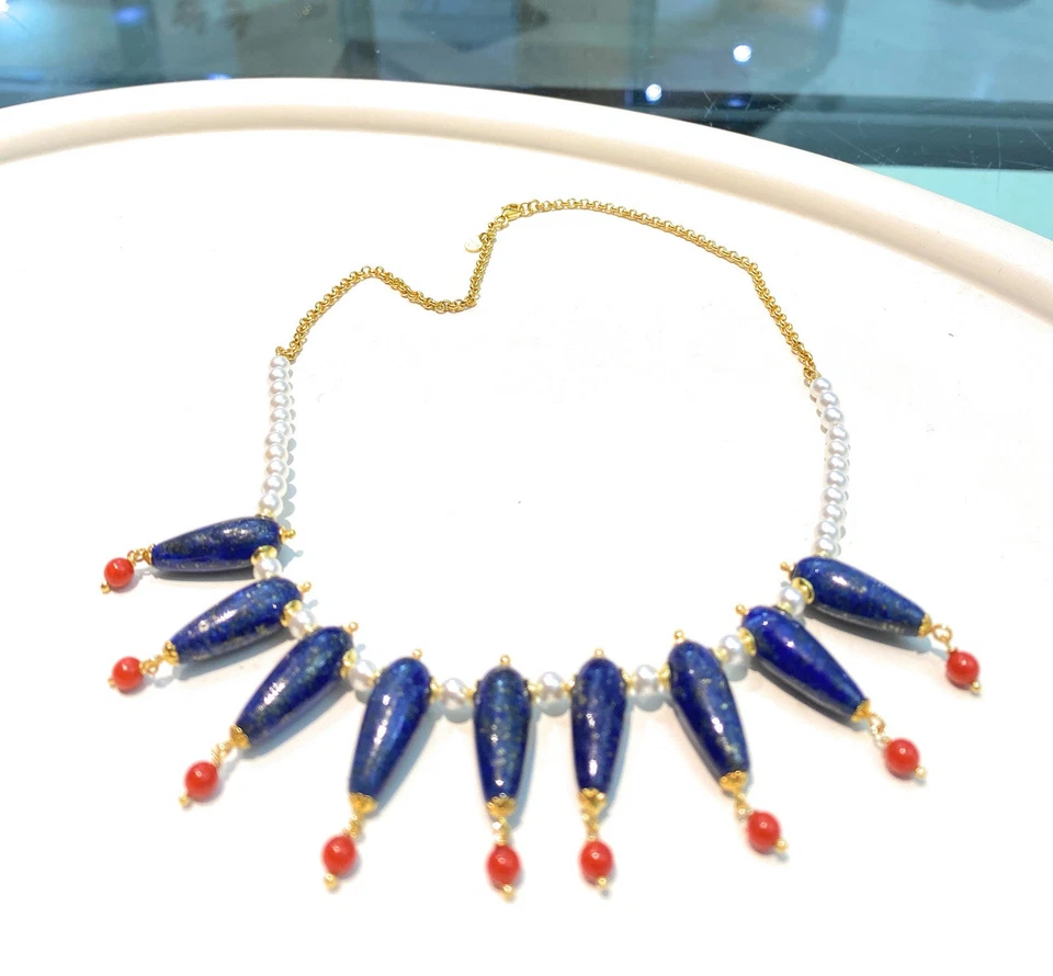 Collana Choker Lapislazzuli Perle Corallo Argento Sterling Pezzo Unico - Immagine 3 di 4