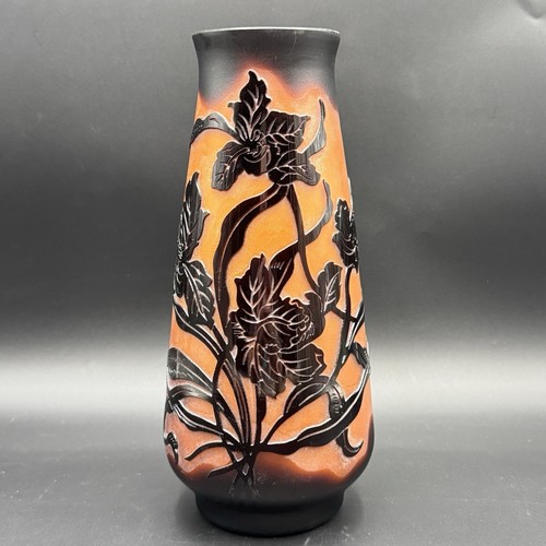 Galle Style Etched Cameo Glass Flower Vase 10.5 Black Brown Candle Hurricane Vtg - Picture 1 of 9