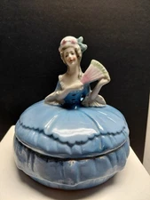 Antique Sky Blue Porcelain Woman With Fan Powder Box