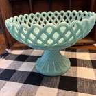 C.1890 CHALLINOR TAYLOR MILK GLASS PEDESTAL OPEN LATTICE FRUIT BOWL COMPOTE