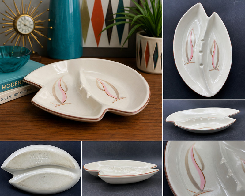 Vintage Winfield USA MCM Divided Relish Snack Tray Atomic Pottery Dish