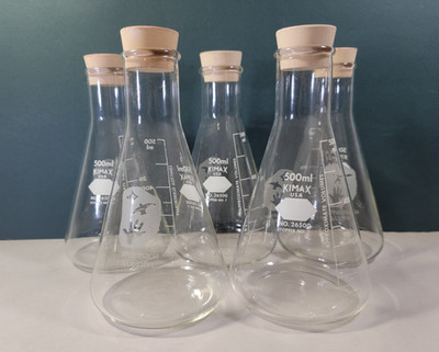 Lot of 5 Lab Glassware KIMAX Graduated Erlenmeyer Flask 500mL Pharm. UpJohn NEW