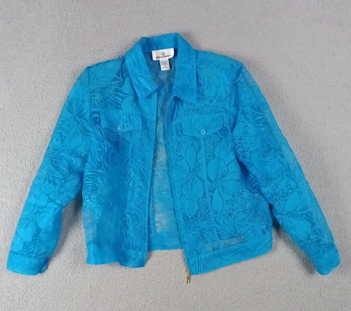 Erin London Sz M Flax Blend Sheer Floral Long Sleeve Elegant Full Zip Jacket Top - Picture 5 of 15