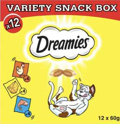 12 x 60g Dreamies Katzenleckerli gemischte Sorten Snackbox Huhn Käse & Lachs