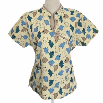 Dynasty Uniforms Off White With Blue And Teal Bear Print Uniform Top sz M