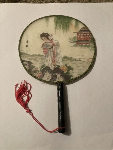 Silk Fabric Hand Paddle Fan With Wood Handle Collectible Antique Geisha