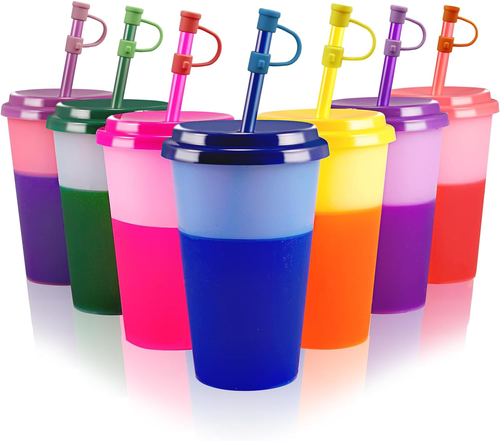 Color Changing Cups Tumblers with Lids & Straws for Kids - 7 Reusable Plastic Bu