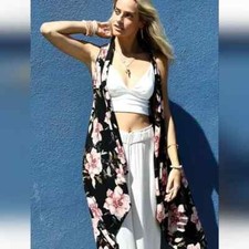 Ruggine Black Floral Open Front Sleeveless Vest Duster Overpiece Asymmetrical