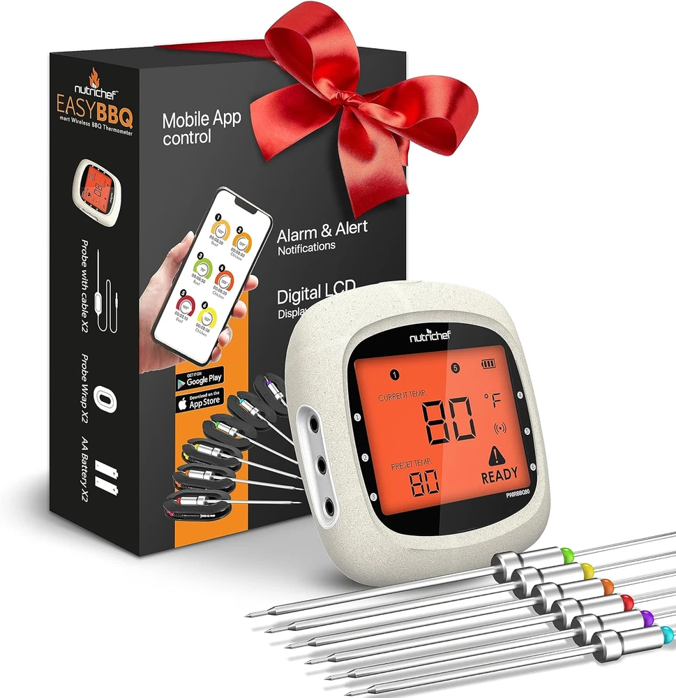 Bluetooth Meat Thermometer for Grilling and Smoking with 6 Wireless Meat Probes,