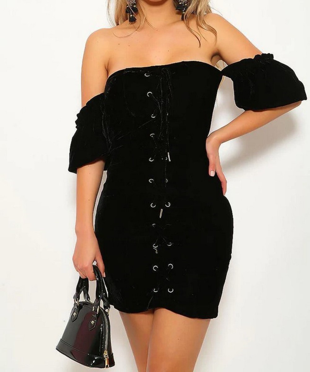 black velvet off the shoulder dress Miss Circle Women's Echo Pleated Mini - making it an essential addition to your winter wardrobe Night Star Black Velvet Corset