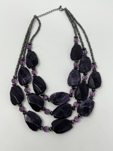 Three strand Purple Gray Beaded Necklace - Adjustable, Statement Piece