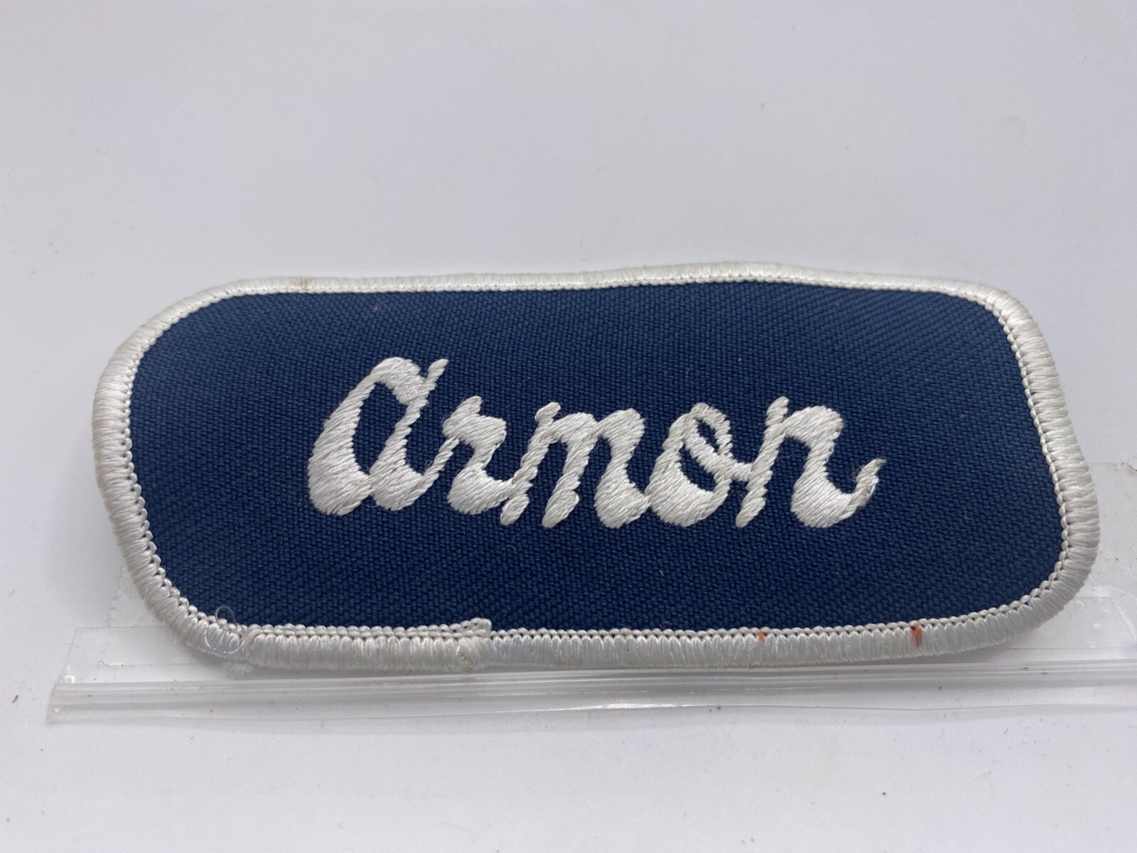 ARMON USED EMBROIDERED VINTAGE SEW ON NAME PATCH TAG WHITE ON DARK BLUE