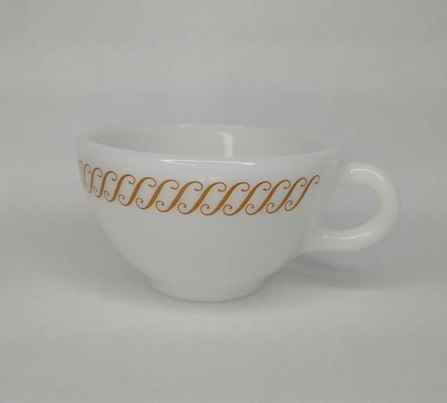 Pyrex Tableware By Corning White Glass Tea Cup Mug Regency "S" Copper Scroll