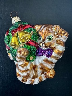 Christmas Ornament CAT Bells Kitten Hand-Blown Glass POLAND Tabby Wreath