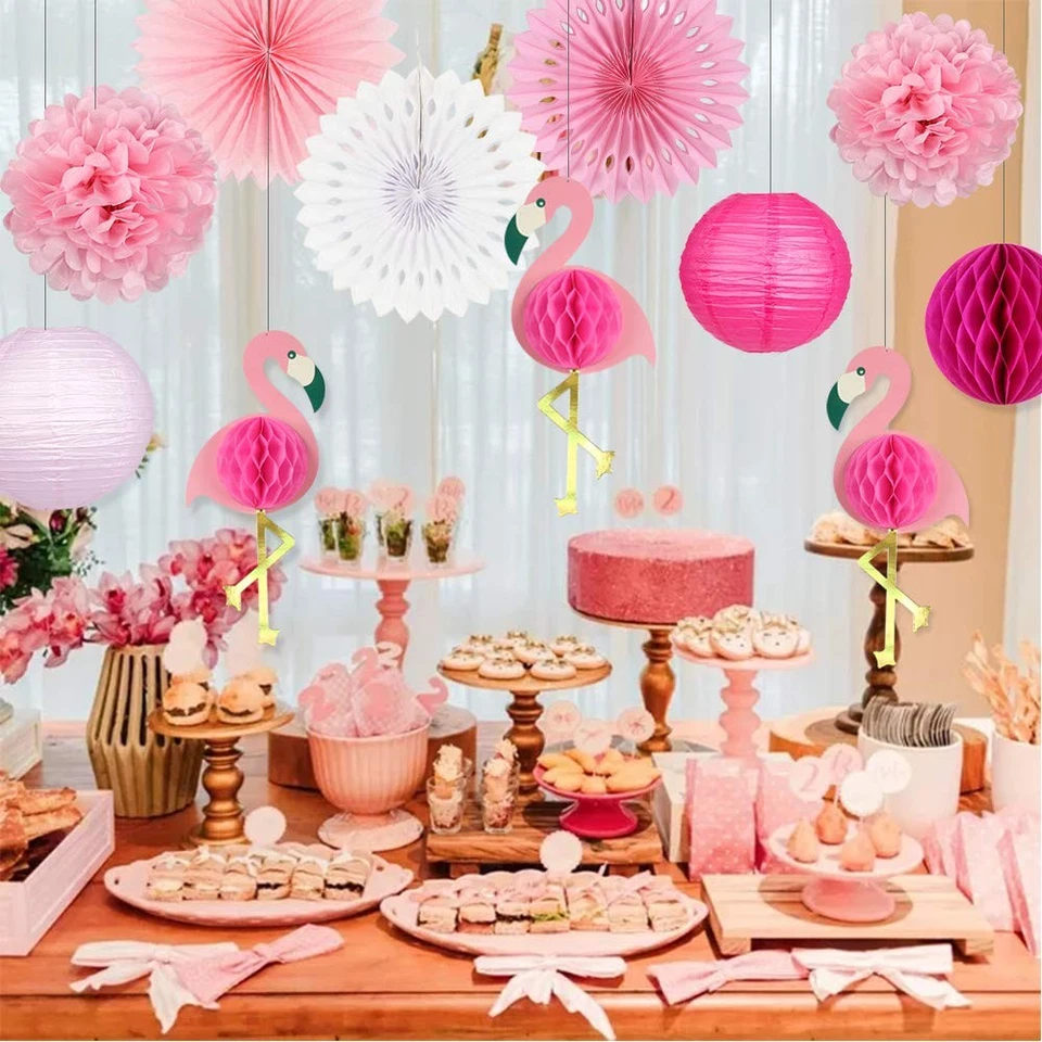 Decoraciones de fiesta tropical rosa flamenco suministros pompones papel flores pañuelo Foto 3 de 4