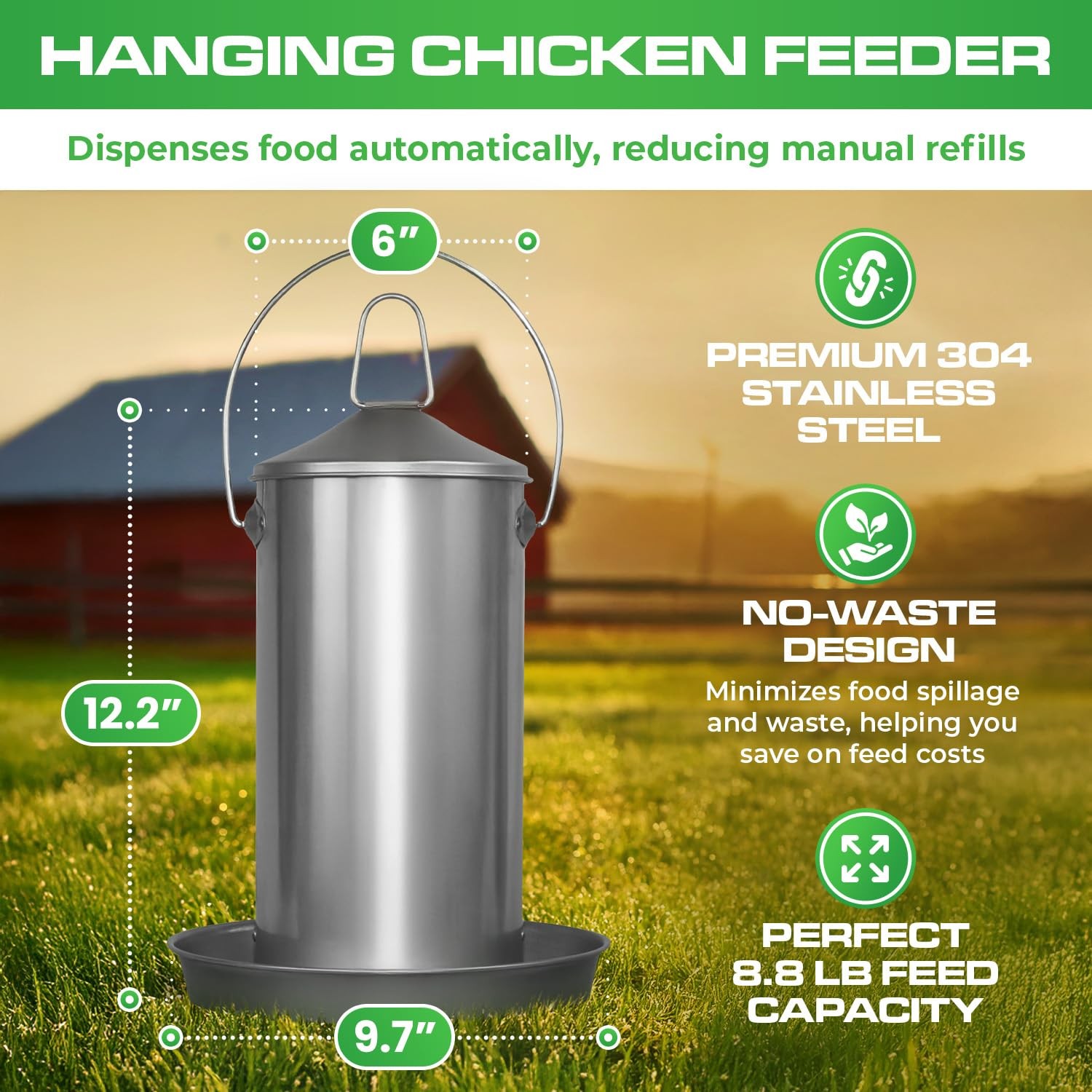 8.8 Lb Stainless Steel Hanging Chicken Feeder no Waste Food-Grade - Poultry F...